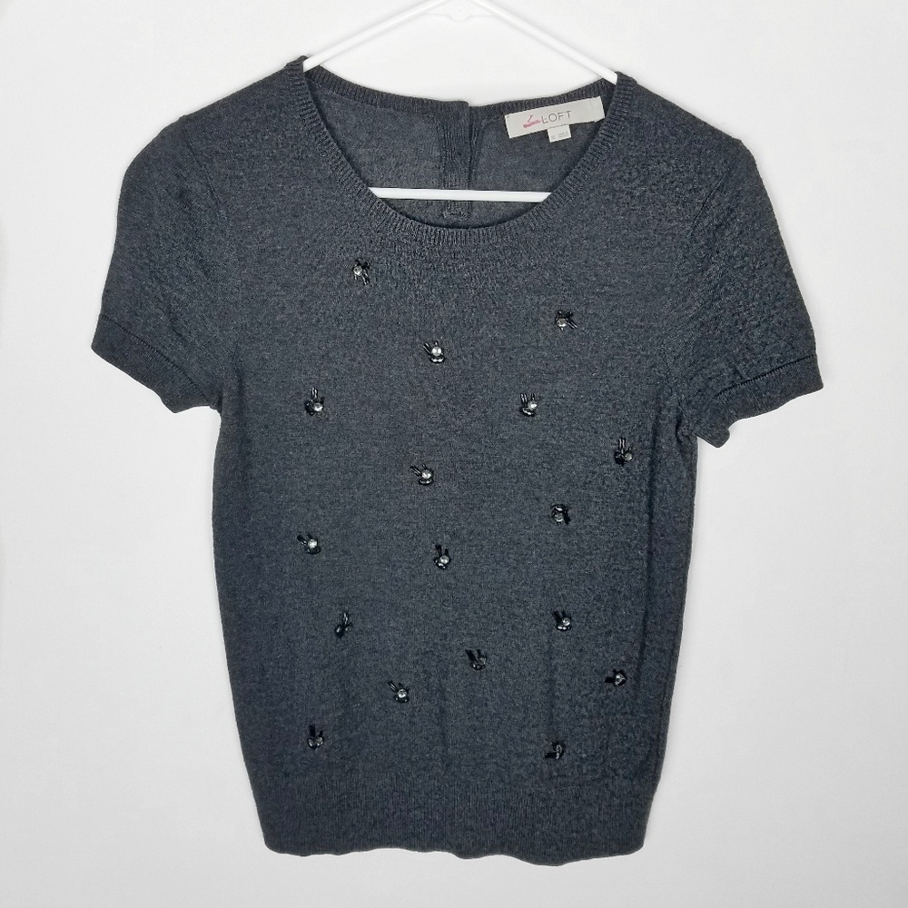 Ann Taylor LOFT Embellished Knit Wool Top Gray
